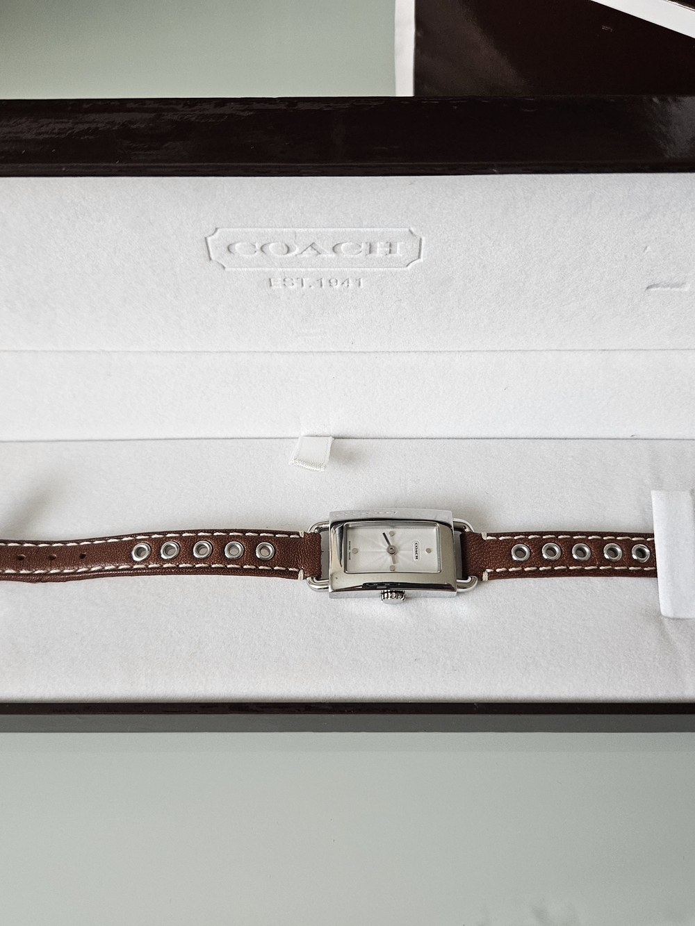 COACH Rectangular Silver Dial Watch with Brown Leather Grommet Strap